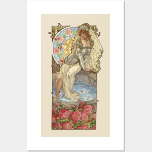 Lady of June Summer Solstice Bride with Sun Wheel and Roses Mucha Inspired Birthstone Series Posters and Art